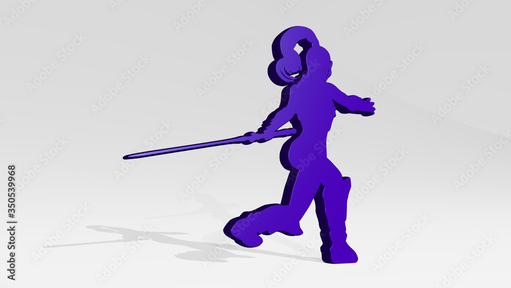 girl with sword made by 3D illustration of a shiny metallic sculpture on a wall with light background