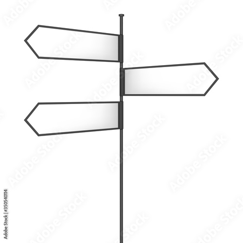 Crossroad signpost with three multidirectional white blank arrows. Vector mockup