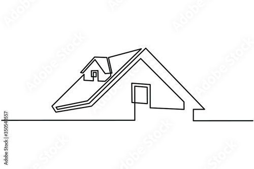 Continuous line drawing of exterior appearance of the front of the house with a roof. Modern. Townhouse building apartment. Home facade with doors and windows. house, roof, real estate