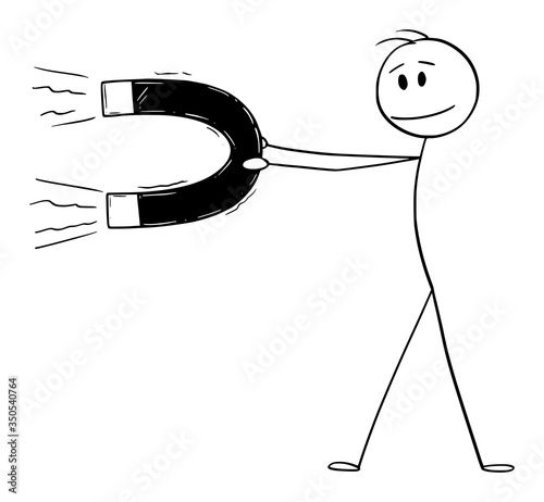 Vector cartoon stick figure drawing conceptual illustration of man or businessman holding big magnet attracting something - money, customers or followers.