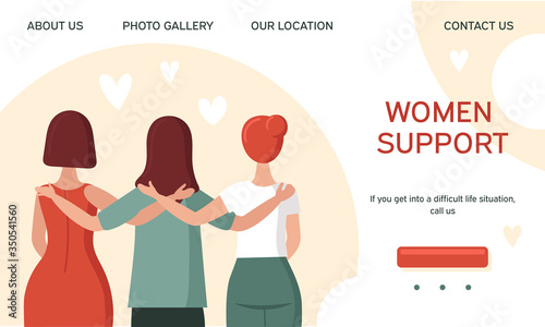 Three women in hugs.View from the back.Concept of female support.Victim of family and sexual violence. Psychological and friendly help. Cartoon vector illustration.Landing page,web banner