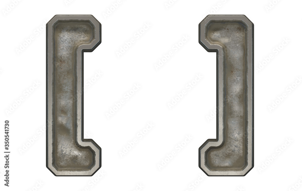 Set of symbols left and right square bracket made of industrial metal on white background 3d