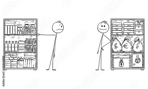 Vector cartoon stick figure drawing conceptual illustration of man with stockpile of food for and rich man with stockpile of money and gold for crisis.