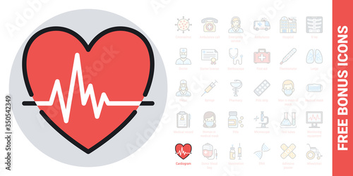Cardiogram icon. Heart shape with pulse. Simple color version. Free bonus icons kit included