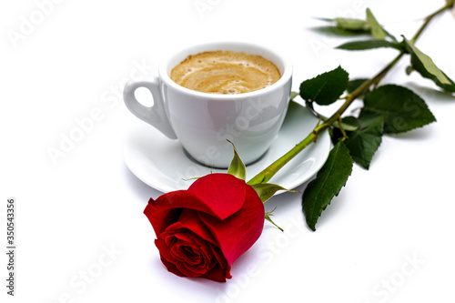 Coffee and rose with petals for valentines day