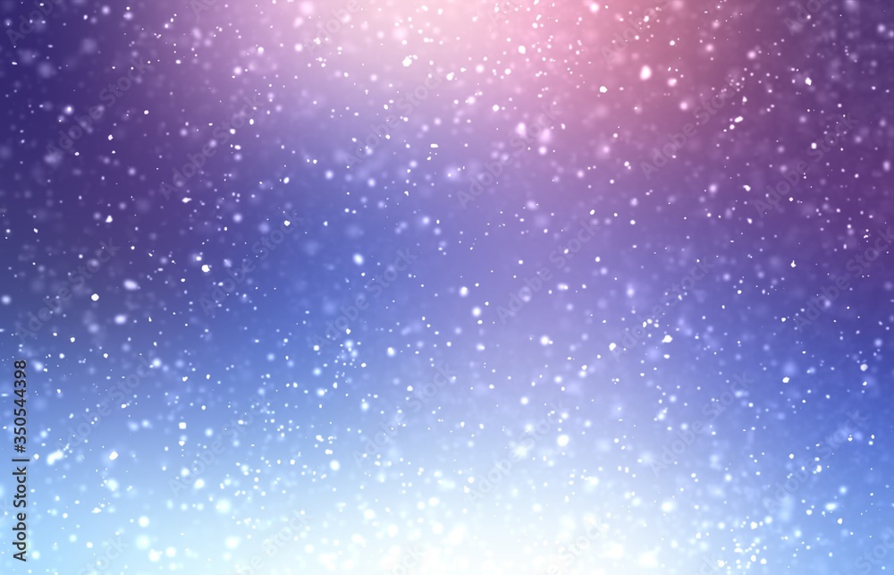 Purple winter blur background decorated falling snow. Blue lilac gradient. Lens flare effect.