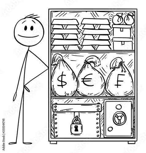 Vector cartoon stick figure drawing conceptual illustration of wealthy or rich man with stockpile of money and gold for crisis.