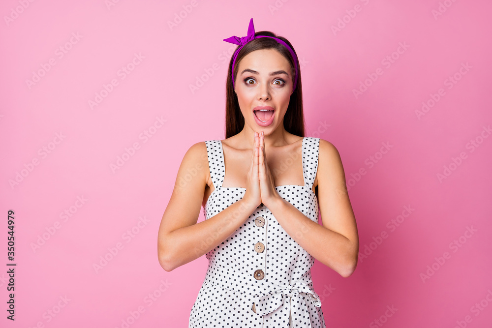 Close-up portrait of her she nice-looking attractive lovely pretty amazed overjoyed cheerful cheery straight-haired girl asking favor isolated over pink pastel color background Close-up portrait of her she nice-looking attractive lovely pretty amazed overjoyed cheerful cheery straight-haired girl asking favor isolated over pink pastel color background