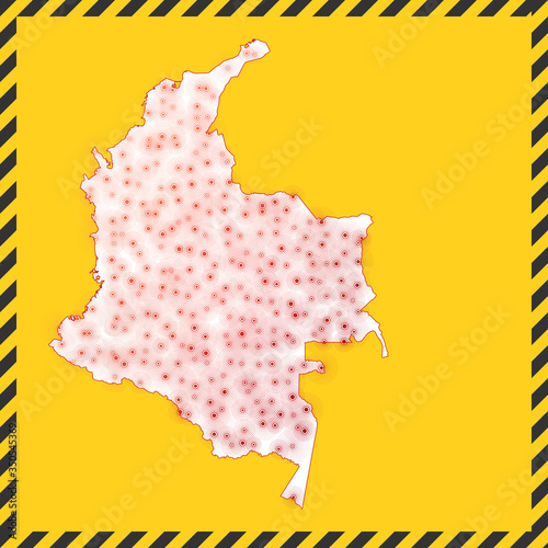 Colombia closed - virus danger sign. Lock down country icon. Black striped border around map with virus spread concept. Vector illustration.