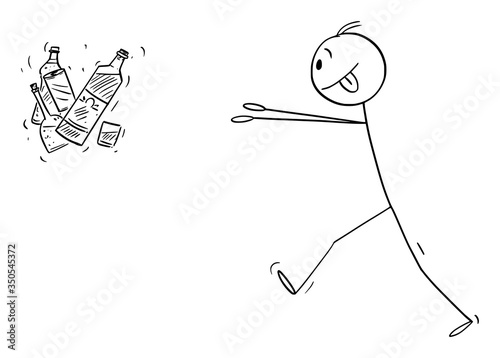 Vector cartoon stick figure drawing conceptual illustration of addicted man trying to get bottles of hard liquor or alcohol.