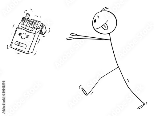 Vector cartoon stick figure drawing conceptual illustration of nicotine addicted man trying to get box of cigarettes.