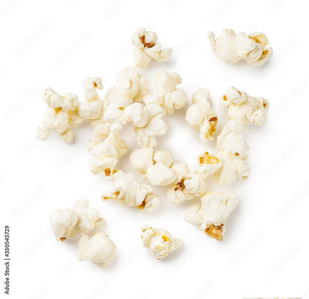 Heap of salted popcorn, isolated on white background. Top view.