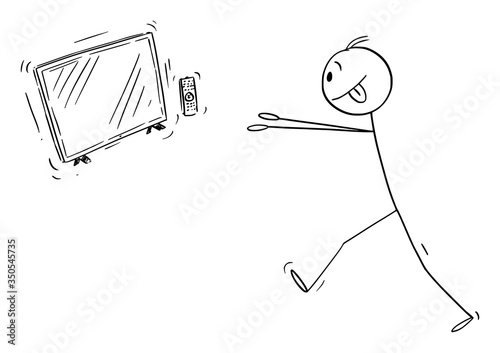 Vector cartoon stick figure drawing conceptual illustration of media addicted man trying to get to TV, telly or television entertainment.