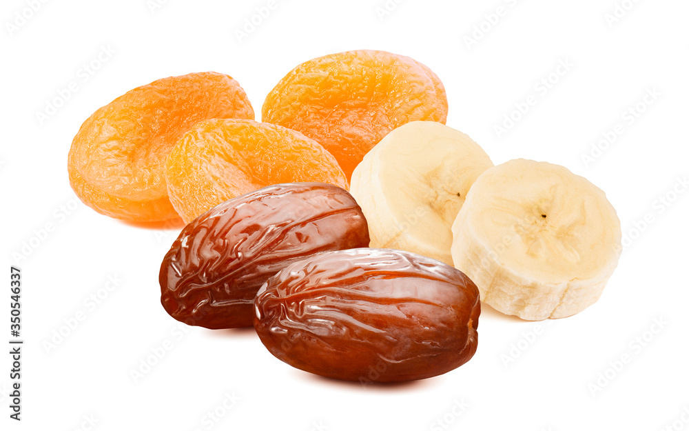 Dry apricot, dates and banana slices isolated on white background Dry apricot, dates and banana slices isolated on white background