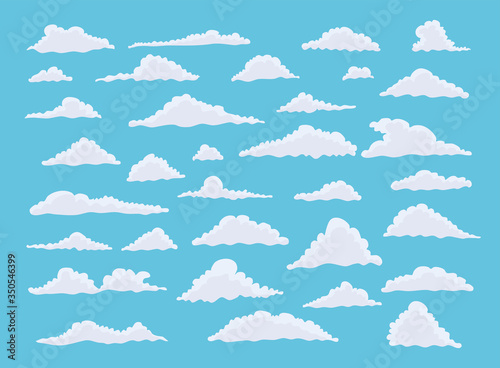Different shape cartoon white clouds on blue background. Vector decoration element.