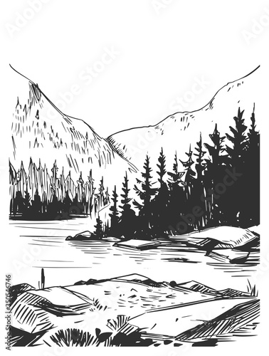 Wild natural landscape. Transparent background. Hand drawn illustration converted to vector. Great for travel ads, brochures, labels, flyer decor, apparel, t-shirt print. 