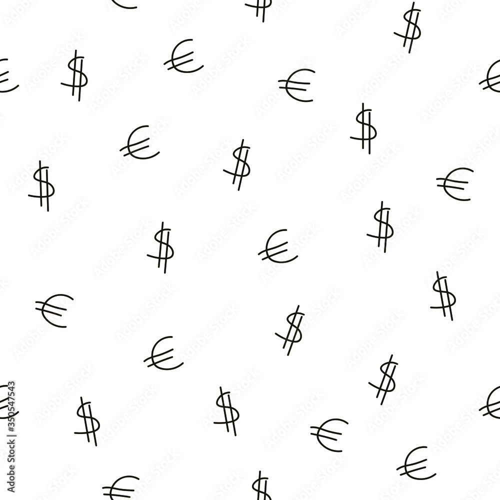 Seamless pattern with money, symbols dollar and euro in doodle style. For print, wallpaper, textile, banner, background design. Cash rain simple handwritten tile. Vector illustration isolated on white