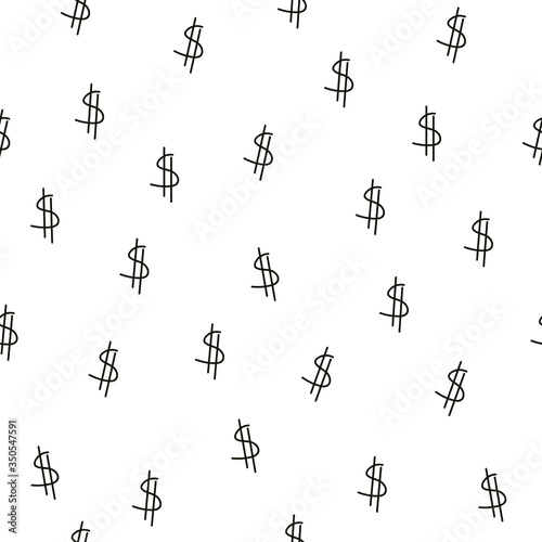Seamless pattern with lot of money, symbols dollar in doodle style. For print, wallpaper, textile, banner, background design. Cash rain simple handwritten tile. Vector illustration isolated on white