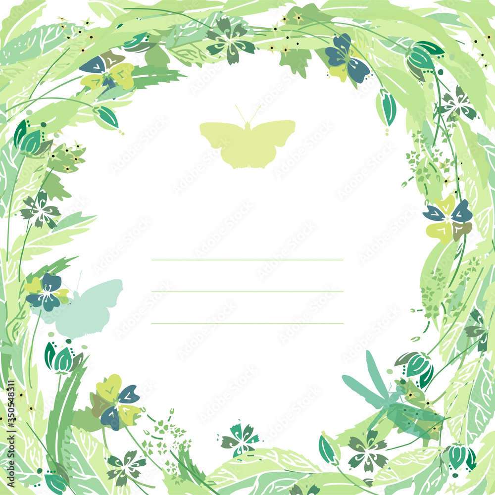 Isolated on white vector floral round frame in green color with butterflies and dragonfly