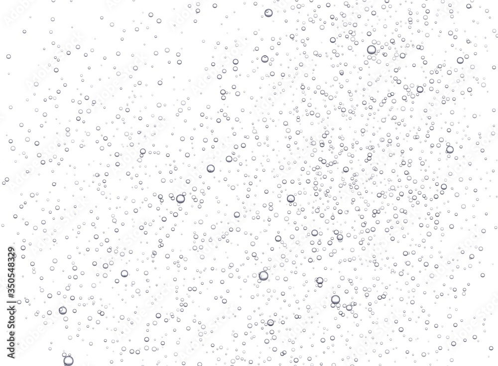 Underwater fizzing bubbles, soda or champagne carbonated drink, sparkling water isolated on white background. Effervescent drink. Aquarium, sea, ocean bubbles vector illustration.