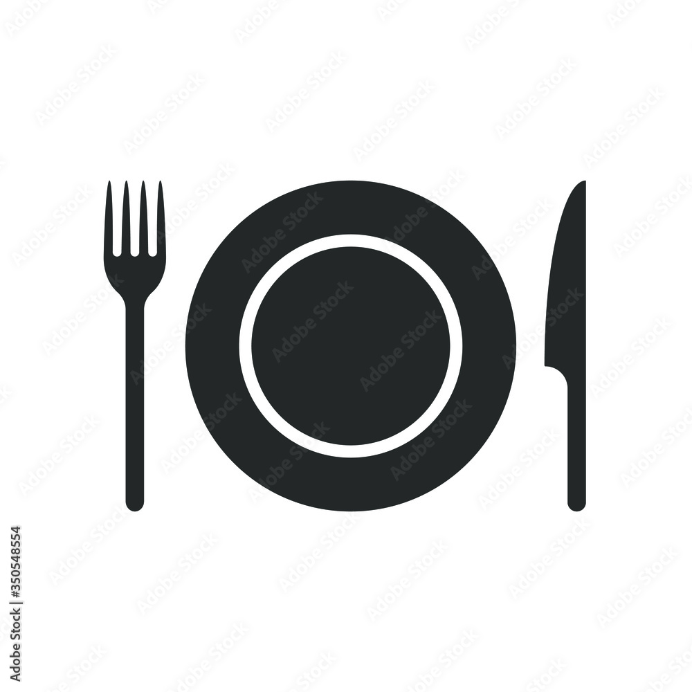 Fork knife and plate icon logo. Simple flat shape restaurant or cafe place sign. Kitchen and diner menu symbol. Vector illustration image. Black silhouette isolated on white background. Fork knife and plate icon logo. Simple flat shape restaurant or cafe place sign. Kitchen and diner menu symbol. Vector illustration image. Black silhouette isolated on white background.