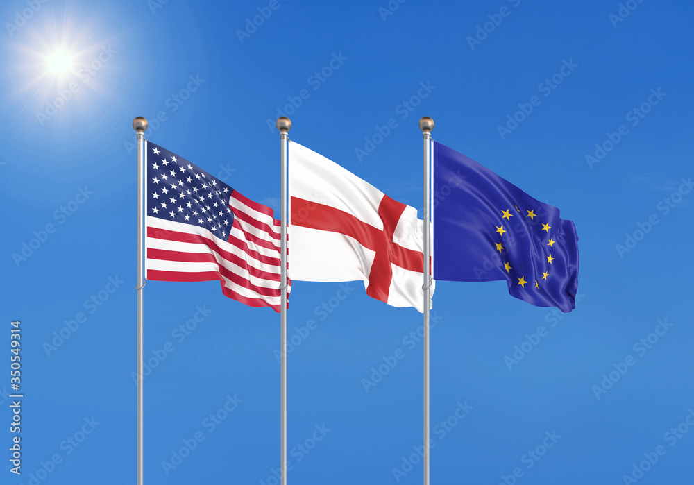 Three realistic flags of European Union, USA (United States of America) and England. 3d illustration.