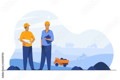 Coal mine engineers controlling heavy hydraulic machines in quarry. Men in hardhats holding pad and blueprints. Vector illustration for, industry, industrial equipment, job concept