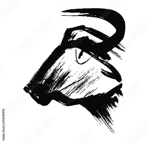 Ox, bull, cow on white background. Chinese happy new year 2021. Year of the white, metallic bull. Lunar New Year. Drawing bull, ox, cowhide ink