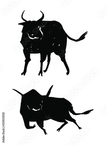 Ox, bull, cow on white background. Chinese happy new year 2021. Year of the white, metallic bull. Lunar New Year. Drawing bull, ox, cowhide ink