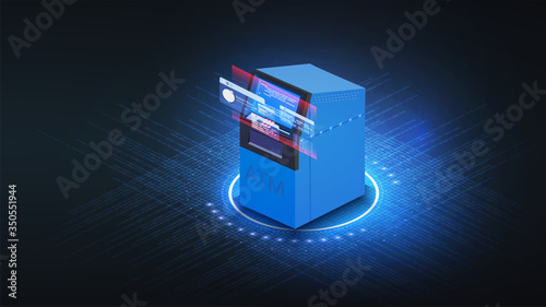 ATM machine concept in isometric. Banking payment cashier services. Cash machine withdrawal or online money transfer. Website banner template. Vector illustration