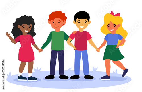 Multicultural children standing together and holding hands flat vector illustration. Cartoon smiling diverse classmates from international school group. Friendship and teamwork concept