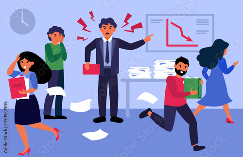 Angry boss shouting at people in office flat vector illustration. Cartoon employees working in hurry, panic and stress. Corporate chaos and deadline concept