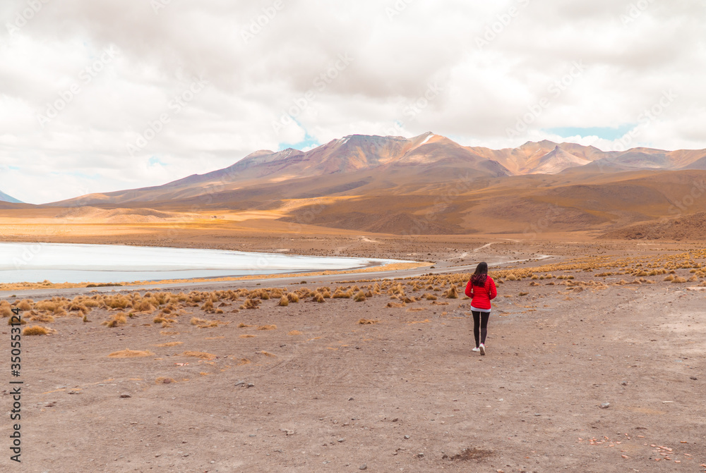 Tourist woman hiking landscape mountain lake. Dry, Barren desert, snowcapped mountains wilderness. Mountain range view. Salt Flats, Uyuni, Bolivia. Copy space, Rocks, blue sky, nature, hiker