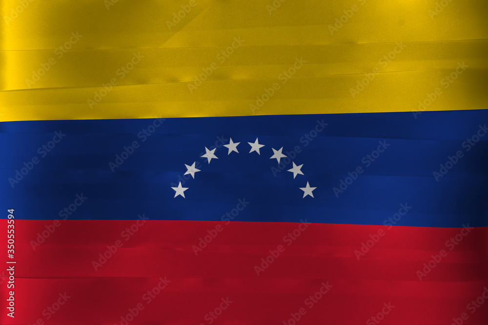 Fototapeta premium Colorful ribbon as Venezuela national flag, yellow blue and red with an arc of eight white stars on center.