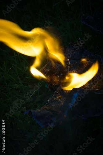 Close Up of a burning picture on grass
