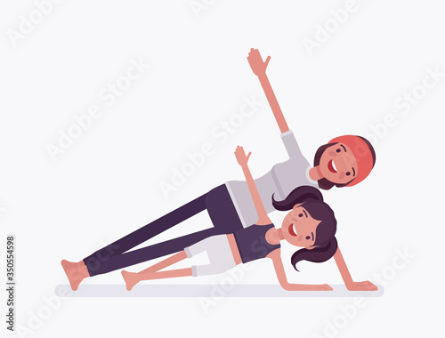 Yogi black family, mother daughter in sport wear practicing yoga together, mom with kid doing Side Plank pose, Vasisthasana exercise, parent child healthy hobby. Vector flat style cartoon illustration