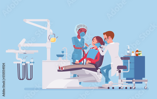 Male dentist at work in clinic. Dentistry office with professional equipment, female patient in reception room for dental therapy and teeth medicine help. Vector flat style cartoon illustration