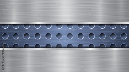 Background of blue perforated metallic surface with holes and two horizontal silver polished plates with a metal texture, glares and shiny edges
