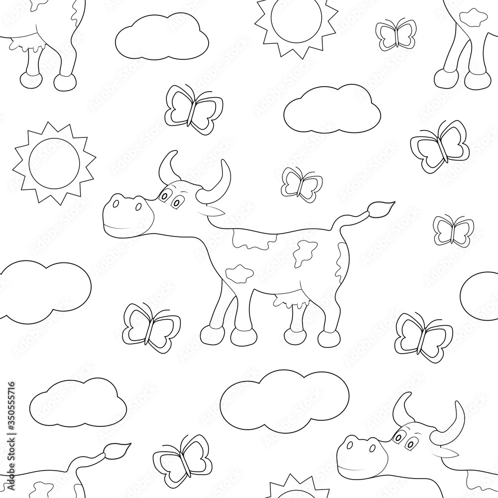 Cow. Seamless pattern. Coloring page. Cow. Seamless pattern. Coloring page.