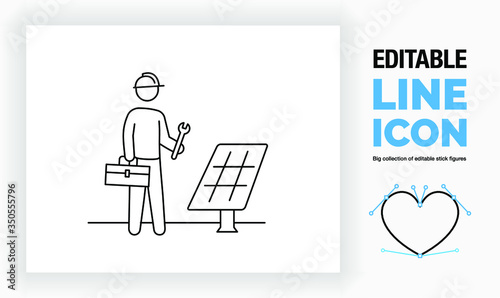 Editable line icon of a stick figure installing or repairing a solar panel, part of a huge set of stick figures! 