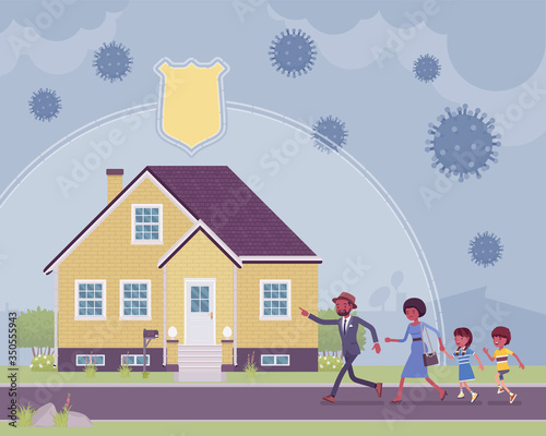 Safe house, stay home, self-isolate for black family protection. Parents and children running in quarantine, distancing to prevent spread of viruses, infections. Vector flat style cartoon illustration