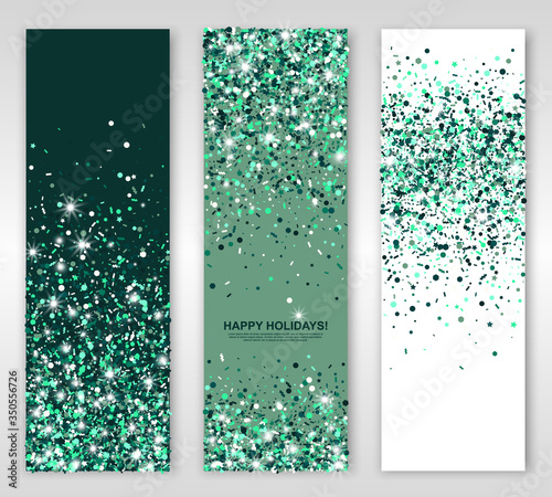 Happy Holidays green emerald banners set of three vertical sheets with sparkle confetti. Vector illustration. All isolated and layered