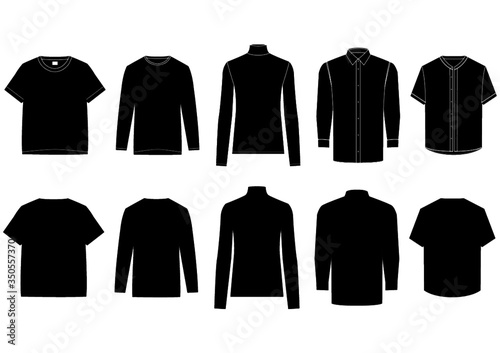 Black Shirts set fashion flat, technical drawing template 