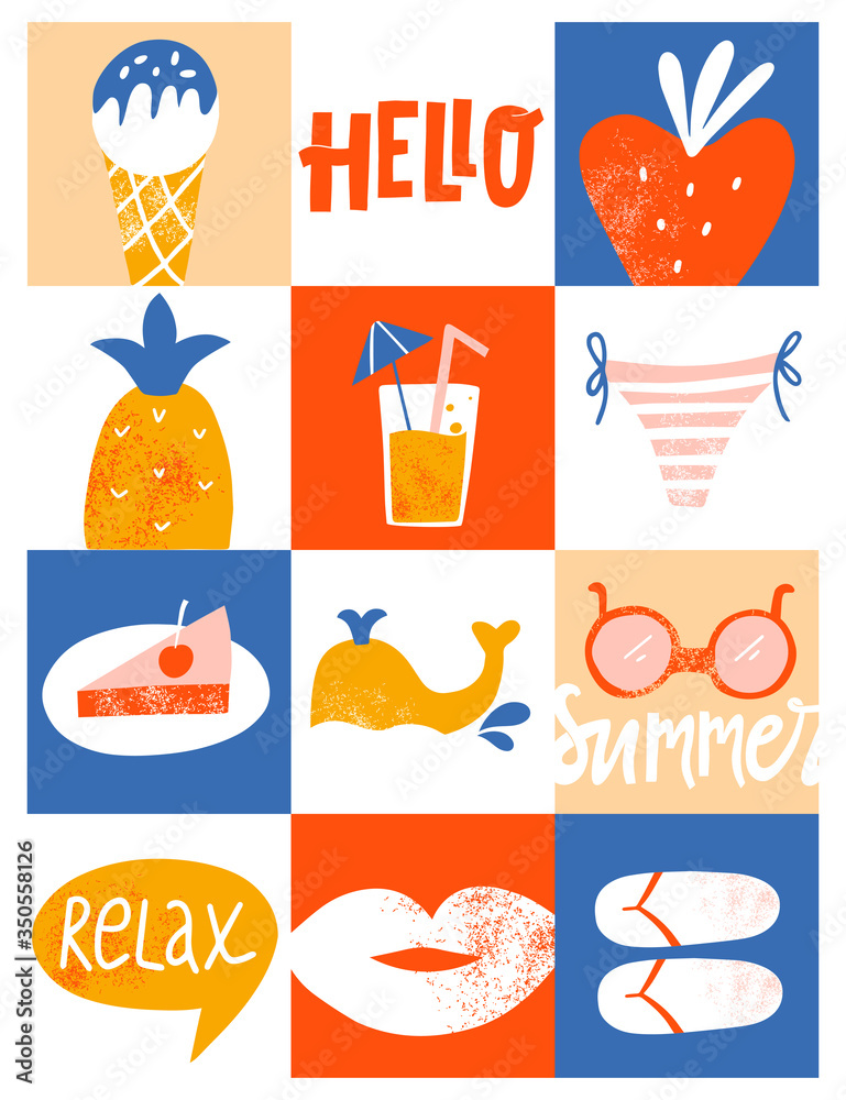 Vector template for poster and cards. Summer icon set. Hand-drawn cartoon illustration.