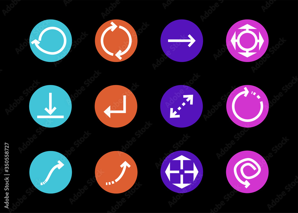 arrows in multicolored circles and different directions isolated on black arrows in multicolored circles and different directions isolated on black