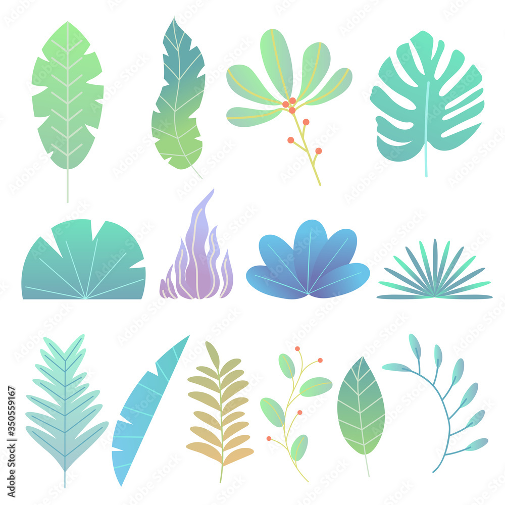 Abstract trendy style plants, leaves and twigs. Flat simple style. Colorful trees and bushes, tropical flowers. Vector illustration for creative design.
