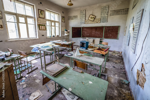Classroom in abandoned school in Mashevo vilage located in Chernobyl exclusion area, Ukraine
