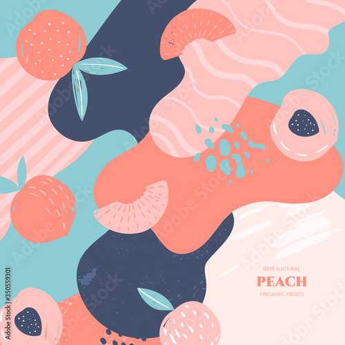 Vector frame with doodle peach and abstract elements. Hand drawn illustrations.