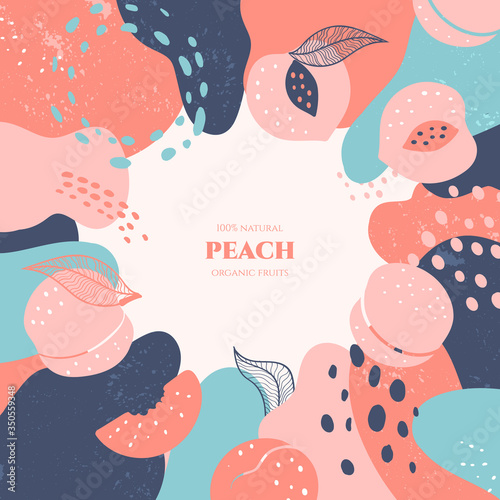 Vector frame with doodle peach and abstract elements. Hand drawn illustrations.