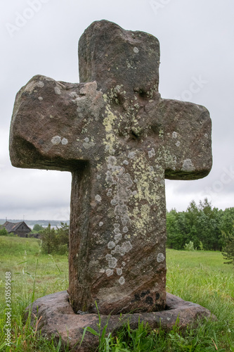 Road cross of the XII century on the route from the Varangians to the Greeks. Vicinities of Novinka village (Tver Oblast), Sterzh Lake (Upper Volga Region), Russia.